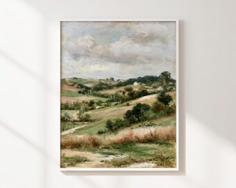 Vintage Countryside Landscape Printable Wall Art, Rolling Green Fields and Cloudy Sky, Rustic Farmhouse Digital Download Decor