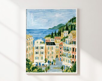 Colorful Mediterranean Coastal Village Printable Wall Art, Seaside Landscape, European Summer Decor, Blue Instant Download Print