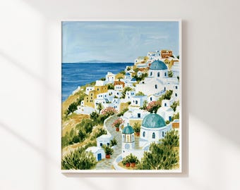 Mediterranean Coastal Village Printable Wall Art, Blue and White Seaside Landscape, Greek Island Decor, Instant Digital Download