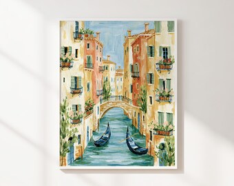 Venice Canal Printable Wall Art, Colorful Gondola and Bridge Art, Italian Coastal Decor, Mediterranean Digital Download Print