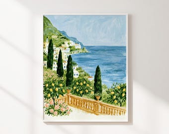 Coastal Village Printable Wall Art, Mediterranean Sea Landscape, Lemon Garden Decor, Colorful Seaside Digital Download, Vertical Print