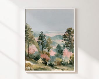 Pastel Forest Landscape Printable Wall Art, Pink and Sage Green Nature Painting, Dreamy Woodland Decor, Instant Digital Download
