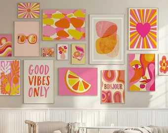 Paquete de láminas retro para pared, 220 láminas en rosa y naranja, conjunto de galería maximalista con estilo moderno.