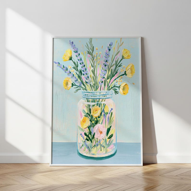 Minimalistischer Pastell-Blumendruck, Lavendel im Einmachglas Poster image 1