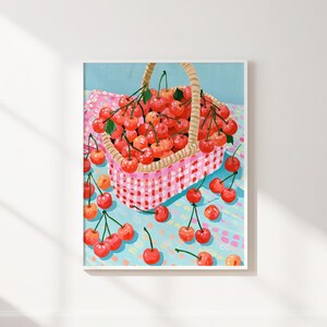 Cherry poster, red, gingham basket style, kitchen fruit art print, food canvas decoration