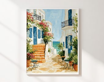 Mediterranean Seaside Village Printable Wall Art, Blue Door Coastal Street Painting, Sunny Whitewashed Houses Decor, Instant Download
