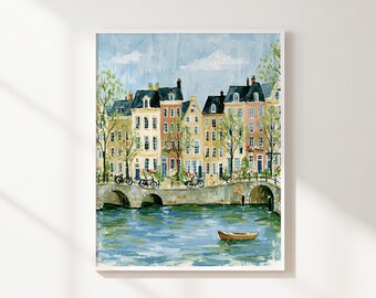 Canal City Printable Wall Art, Colorful European Townscape with Bridge, Bicycles and Boat, Instant Download for Bright Living Room Decor