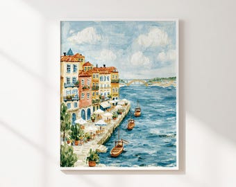 Colorful Riverside City Printable Wall Art, Coastal Boats Landscape, Blue Water Travel Decor, Mediterranean Style Digital Download
