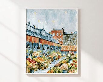 Colorful Flower Market Printable Wall Art, Open Air Street Market Scene, Botanical Kitchen Decor, Instant Digital Download Print