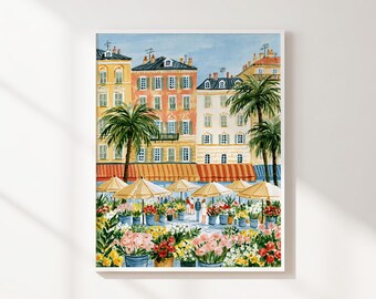 Colorful Flower Market Printable Wall Art, Sunny European Cityscape with Palm Trees, Mediterranean Decor, Instant Download Art