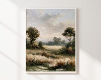 Misty Meadow Landscape Printable Wall Art, Neutral Vintage Countryside Digital Download, Rustic Nature Decor for Living Room Art