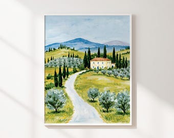 Mediterranean Landscape Printable Wall Art, Cypress and Olive Grove Villa Painting, Colorful Countryside Instant Download Decor