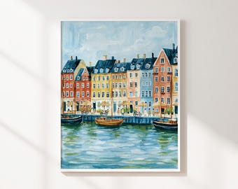 Colorful Harbor Printable Wall Art, Coastal Cityscape Digital Download, Waterfront Boats Print, Blue European Decor for Living Room