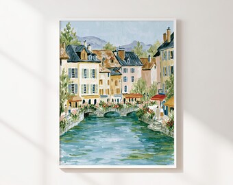European Canal Village Printable Wall Art, Colorful Riverside Landscape, Mountain Town Travel Poster, Instant Digital Download