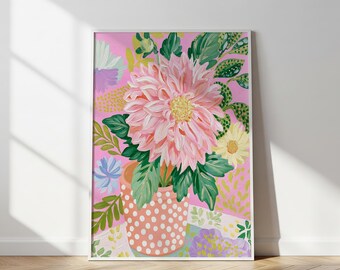 Leuchtende Dahlie & Wildblumen Druck, Farbenfrohes Botanik-Poster