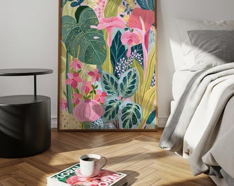 Tropical plant poster, pink, dense leaves, botanical art, jungle canvas wall decoration