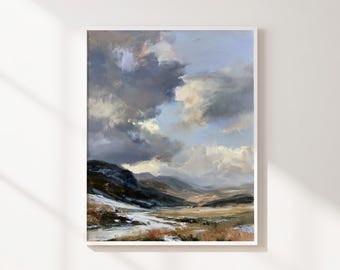 Moody Mountain Landscape Printable Wall Art, Winter Valley Digital Download, Blue Gray Nature Artwork for Modern Living Room Decor