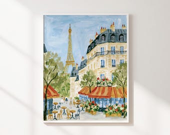 Paris Cafe Printable Wall Art, Eiffel Tower Cityscape, Colorful French Street Scene, Instant Download, Eclectic Living Room Decor