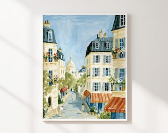 Paris Street Printable Wall Art, Colorful European Cityscape, Blue and Cream French Architecture, Instant Digital Download Decor