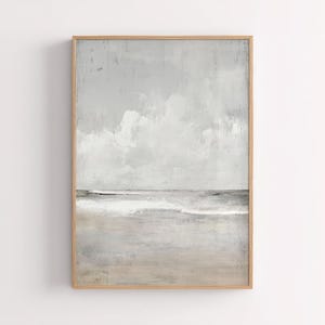 Impresión de arte mural de paisaje costero, póster de playa neutra con océano, decoración minimalista junto al mar, pintura de una costa tranquila, arte de estilo escandinavo