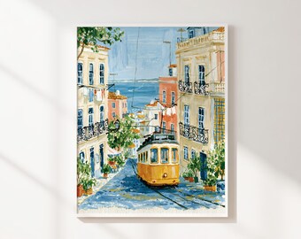 Yellow Tram Printable Wall Art, Colorful Coastal City Street Print, Mediterranean Travel Decor, Instant Download for Living Room