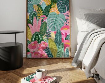 Hibiscus flower poster, pink, tropical bouquet, botanical style, wall art print decoration