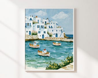 Coastal Village Printable Wall Art, Fishing Boats and White Houses, Mediterranean Seascape Download, Colorful Summer Ocean Decor