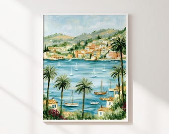 Coastal Village Printable Wall Art, Sunny Harbor Landscape with Sailboats and Palm Trees, Mediterranean Inspired Digital Download