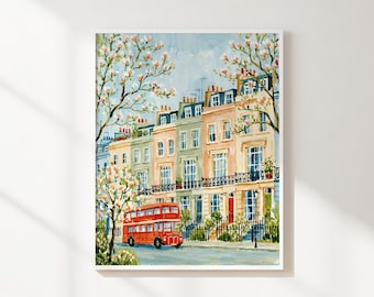 London Red Bus Printable Wall Art, Pastel Townhouse Street Scene, Spring Blossom City Print, Colorful Travel Decor Download Art