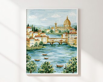 Florence Italy Printable Wall Art, Ponte Vecchio River Landscape, Tuscan Cityscape Digital Download, Blue Green European Home Decor