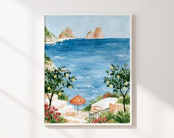 Mediterranean Coastal Wall Art Printable, Blue Sea Landscape with Lemon Trees, Summer Beach Decor, Instant Digital Download Print