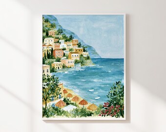 Mediterranean Coast Printable Wall Art, Colorful Seaside Village Landscape, Coastal Beach Decor, Sunny Summer Digital Download