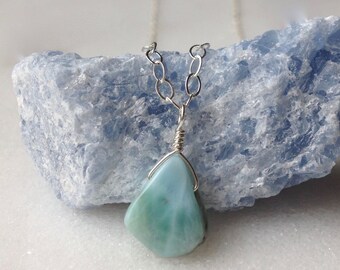 Larimar Sterling Silver Pendant Necklace Light Blue Stone Organic Teardrop Natural Gemstone Stefilia's Stone Modern Minimalist Gift Wrap