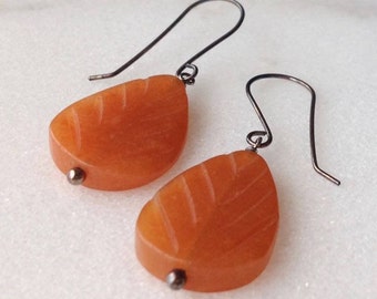 Leaf Orange Aventurine Earrings Sterling Silver Drop Dangle Botanical Tree Plant Garden Carved Gemstone Shiny/Oxidized Silver Gift Wrap