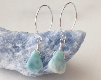 Larimar Earrings Sterling Silver Drop Dangle Light Blue Stones Teardrop Natural Gemstones Stefilia's Stone Small Modern Minimalist Gift Wrap