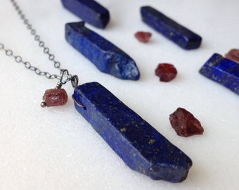 Lapis Lazuli Raw Red Garnet Sterling Silver Pendant Necklace Deep Dark Blue Red Stone Rough December January Birthstone Capricorn Gift Wrap