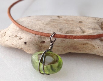 Peridot Sterling Silver Drop Pendant Leather Necklace August Birthstone Leo Green Stone Gemstone Genuine Leather Oxidized Silver Gift Wrap