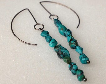 Turquoise Sterling Silver Long Drop Dangle Earrings Semicircle December Birthstone Blue Green Stone Boho Geometric Oxidized Silver Gift Wrap