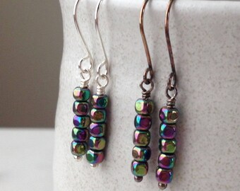 Small Rainbow Hematite Sterling Silver Drop Dangle Earrings Iridescent Stone Gemstone Bars Modern Minimalist Shiny Oxidized Silver Gift Wrap