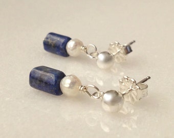 Lapis Lazuli White Pearl Freshwater Earrings December June Birthstone Sterling Silver Drop Dangle Stud Post Blue Stones Dainty Gift Wrap