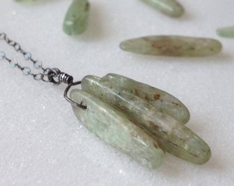 Green Kyanite Necklace Sterling Silver Drop Pendant Light Green Brown Stone Gemstone Sliced Stick Point Dagger Oxidized Silver Gift Wrap