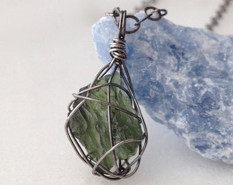 Large Raw Moldavite Sterling Silver Cage Pendant Necklace Rough Green Stone Czech Natural Organic Gemstone Modern Oxidized Silver Gift Wrap