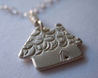 Tiny Cottage Sterling Silver Pendant Necklace House Home Cabin Barn Farm Rustic Woodland Small Hand Engraved Cut Artisan Jewelry Gift Wrap