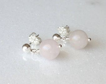 Rose Quartz  Earrings Sterling Silver Dangle Drop Stud Ball Post Light Pink Stone Orb Sphere Geometric Modern Minimal Gemstone Gift Wrap