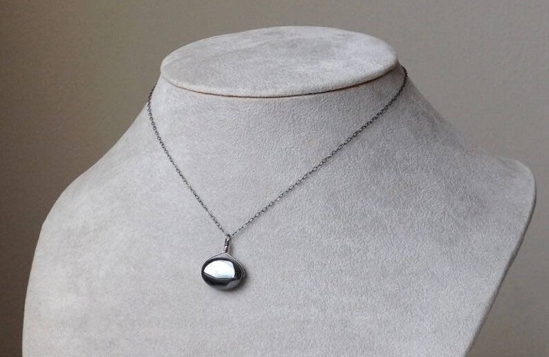 Hematite Sterling Silver Drop Pendant Necklace Gray Stone Gemstone Oval Geometric Modern Minimal Simple Monochrome Oxidized Silver Gift Wrap image 1