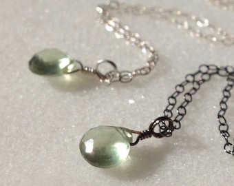 Prehnite Sterling Silver Drop Pendant Necklace Light Green Stone Teardrop Gemstone Modern Minimal Small Tiny Shiny/Oxidized Silver Gift Wrap