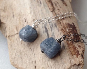 Small Raw Sapphire Necklace Sterling Silver Pendant September Birthstone Virgo Rough Blue Stone Natural Gemstone Shiny Oxidized Gift Wrap