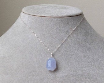 Chalcedony Sterling Silver Drop Pendant Necklace Lavender Lilac Purple Blue Stone Faceted Gemstone Simple Modern Minimal Gift Wrap Subtle