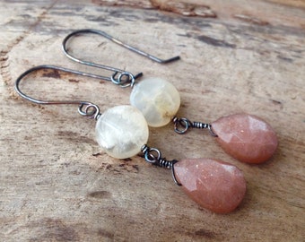 Cream Peach Moonstone Earrings June Birthstone Gemini Sterling Silver Long Drop Dangle Coin Teardrop Stones Gemstone Oxidized Gift Wrap