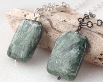 Seraphinite Sterling Silver Drop Pendant Necklace Forest Green Stone Rectangle Geometric Natural Gemstone Shiny/Oxidized Silver Gift Wrap